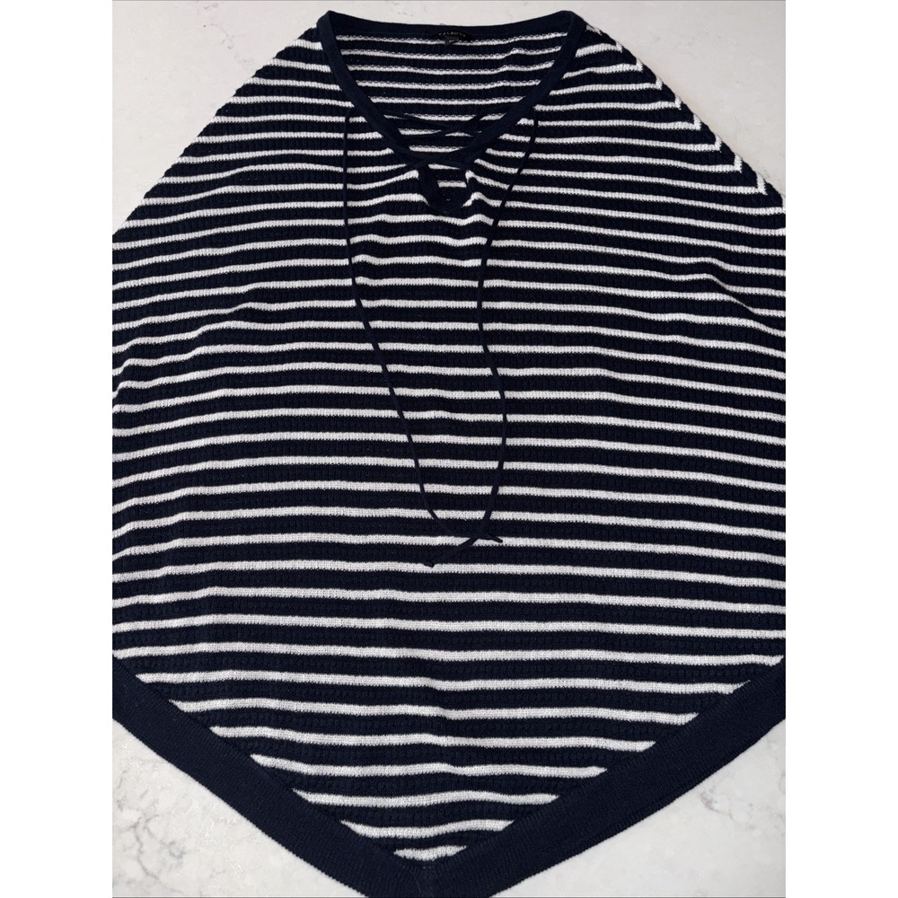 Talbots Womens XS Navy‎ White Striped Knit Poncho Lace Up Preppy Shawl Sweater